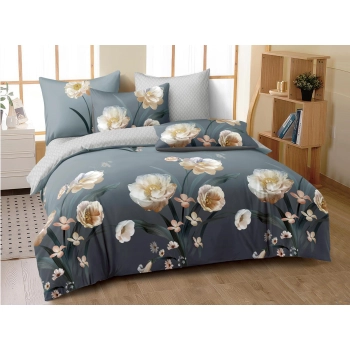 Pościel 160x200 bawełna satynowa szara w kwiaty PK724 z prześcieradłem